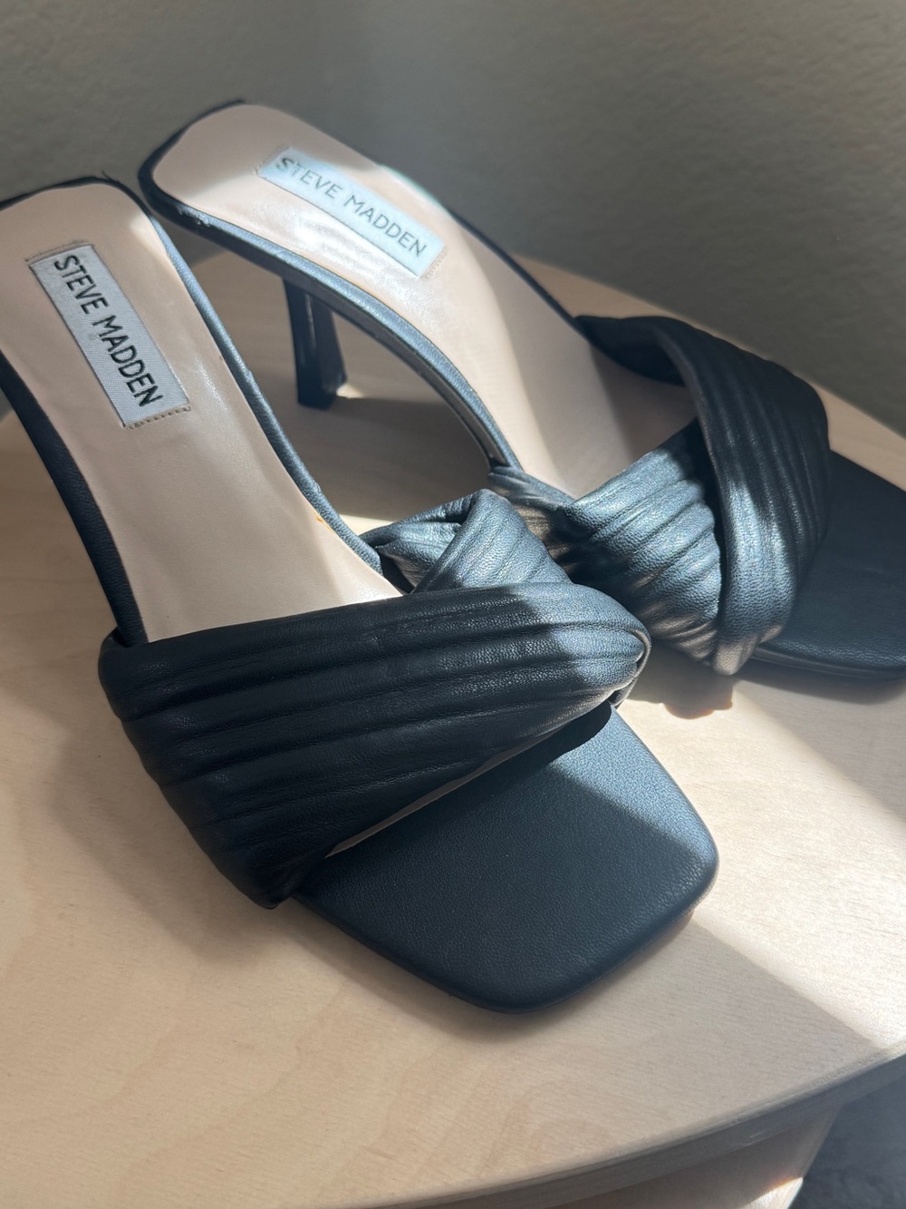 Steve Madden Black Knotted Square-Toe Mule Heels